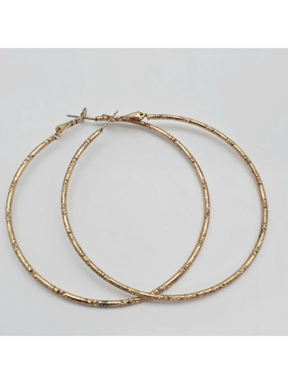 Textured Gold-Tone Metal Hoop Earrings With Lever Back Closure - 3 Inch Diameter - Picture 1 of 6